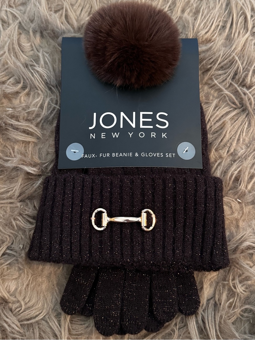 Horsebit buckle hat Pom Pom beanie brown gloves set equestrian glimmer